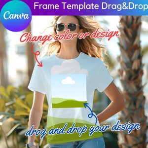 Op de afbeelding: Een wit T-shirt met een ontwerp van een blauwe lucht met een witte wolk en groene heuvels. De tekst "Change color or design" en "drog and drop your design" staat op de afbeelding.