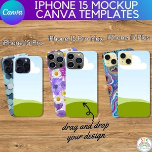Puede incluir: Tres maquetas de iPhone 15 con diferentes diseños. La primera maqueta tiene un patrón geométrico, la segunda tiene un patrón floral y la tercera tiene un patrón de mármol. Las tres maquetas tienen un fondo de cielo azul y hierba verde. El texto "arrastrar y soltar su diseño" está debajo de las maquetas.