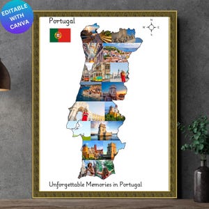 Portugal kaart fotocollage canvas framesjabloon, reisherinneringen en avontuur aandenken, aanpasbaar cadeau, digitale download