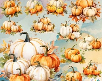 Watercolor Autumn Pumpkin Clipart: Fall Leaves PNG (Digital Download)