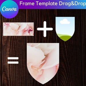 Puede incluir: Una plantilla de dise&ntilde;o digital que muestra un signo m&aacute;s blanco entre una imagen floral rosa y blanca y una imagen en forma de escudo con un cielo azul y hierba verde. El resultado de combinar las dos im&aacute;genes se muestra como una imagen en forma de escudo con un patr&oacute;n floral rosa y blanco.