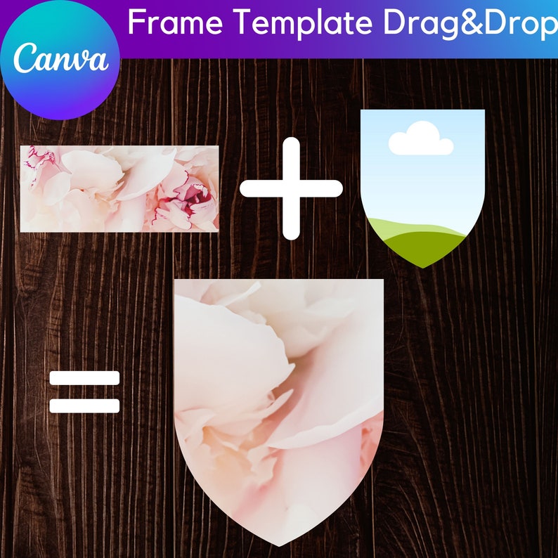 Puede incluir: Una plantilla de dise&ntilde;o digital que muestra un signo m&aacute;s blanco entre una imagen floral rosa y blanca y una imagen en forma de escudo con un cielo azul y hierba verde. El resultado de combinar las dos im&aacute;genes se muestra como una imagen en forma de escudo con un patr&oacute;n floral rosa y blanco.