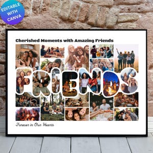 May include: A collage of photos of friends with the word "FRIENDS" spelled out in large letters. The caption reads "Cherished Moments with Amazing Friends" and "Forever in Our Hearts".