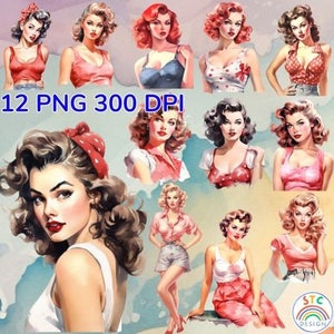 12 Vintage Pin Up Girl Watercolor Clipart Bundle,Pin Up Girl PNG,Retro Pin Up Girl Bundle,Instant Download,Digital Download,Commercial Use