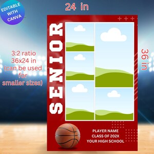 May include: A red and white printable sign with the word "SENIOR" in large white letters. The sign has a basketball graphic and space for a player's name, class year, and high school. The sign is 24 inches wide and 36 inches tall.