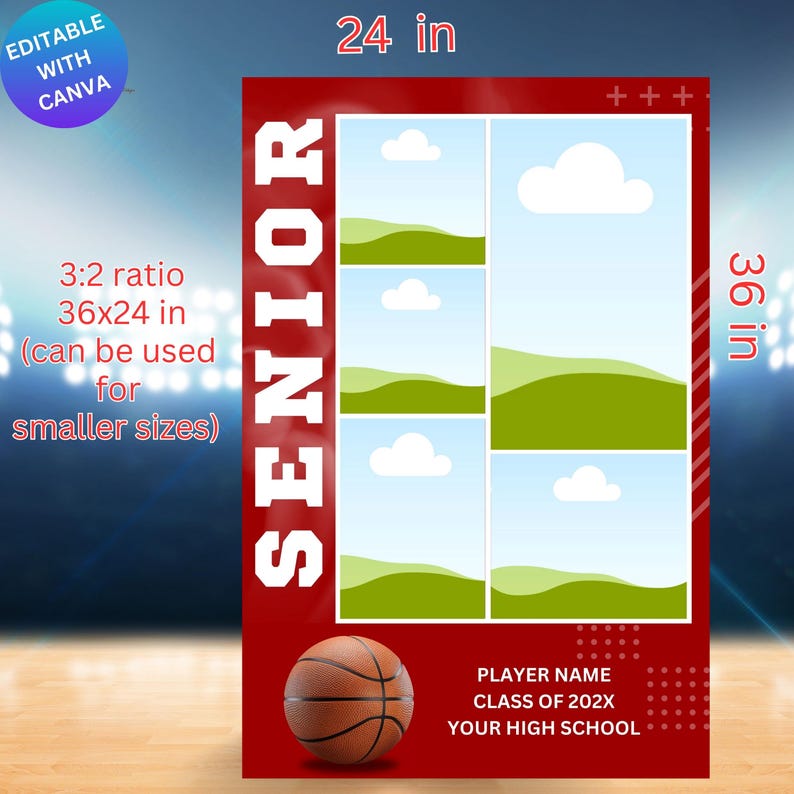 May include: A red and white printable sign with the word "SENIOR" in large white letters. The sign has a basketball graphic and space for a player's name, class year, and high school. The sign is 24 inches wide and 36 inches tall.