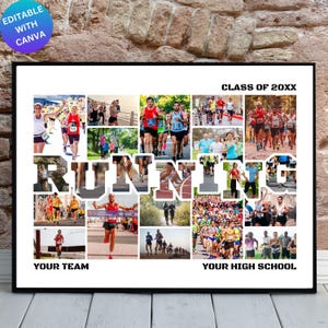 Op de afbeelding: Een collage van foto's van mensen die rennen, met het woord "RUNNING" in grote witte letters in het midden. De collage is verdeeld in 20 vierkanten, met de bovenste rij met de tekst "CLASS OF 20XX" en de onderste rij met de tekst "YOUR TEAM" en "YOUR HIGH SCHOOL".