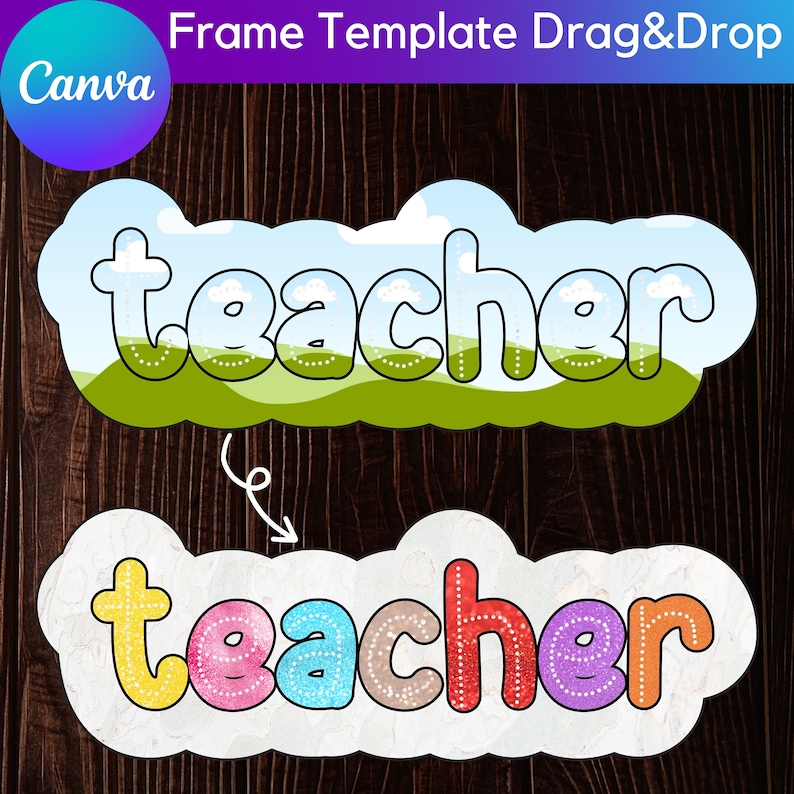 May include: Two printable teacher word art designs. The top design features the word "teacher" in a white outline with a blue sky and green grass background. The bottom design features the word "teacher" in colourful letters with a white background.