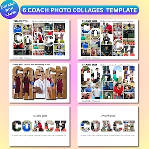 Può includere: Un set di modelli digitali con sei layout di collage fotografici per allenatori. Ogni design incorpora la parola COACH in grandi lettere maiuscole riempite con varie fotografie sportive, accompagnate dal testo THANK YOU e Coach Alex Harrison.