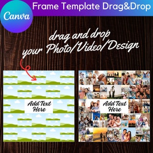 May include: Two photo collage templates with a wood background. The left template has a repeating pattern of green hills and white clouds. The right template has a grid of 36 squares for photos. Both templates have the text "Add Text Here" in white boxes.