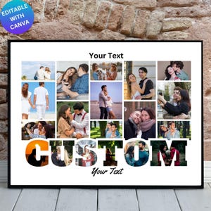 Op de afbeelding: Een ingelijste fotocollage met een zwarte rand, met meerdere afbeeldingen van koppels. Het woord "CUSTOM" staat prominent in oranje en zwart, met de tekst "Your Text" erboven en eronder. De linkerbovenhoek heeft een blauwe cirkel met de tekst "EDITABLE WITH CANVA".