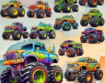 Colorful Monster Truck Clipart PNG: Sublimation Designs (Digital Download)