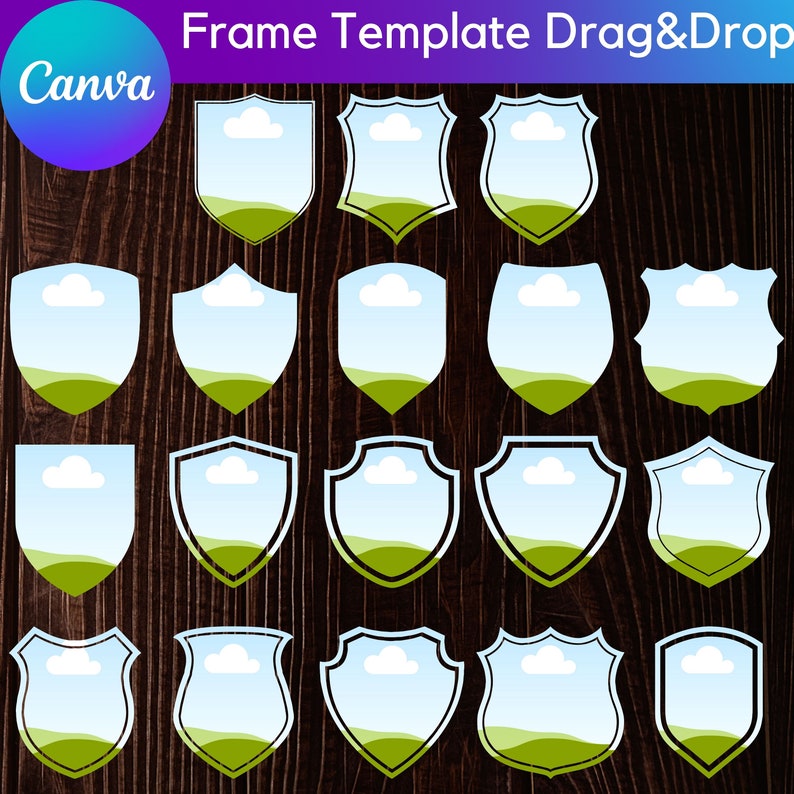 Puede incluir: Conjunto de 20 plantillas de marcos imprimibles con forma de escudo con cielo azul, nubes blancas y hierba verde. Los marcos son perfectos para agregar un toque de naturaleza a tus dise&ntilde;os.