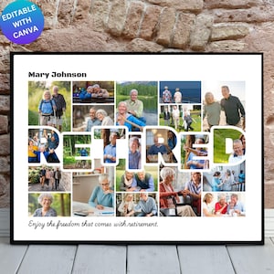 May include: A collage of photos celebrating retirement with the word "RETIRED" spelled out in large letters. The collage features photos of older adults enjoying various activities, such as walking, sitting, and eating. The text "Mary Johnson" and "Enjoy the freedom that comes with retirement." are also included in the collage.