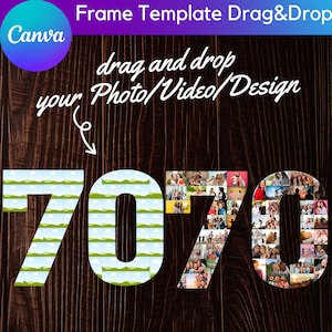 Könnte beinhalten: Eine digitale Vorlage für eine Fotocollage in Form der Zahl 7070. Die Zahlen bestehen aus einem sich wiederholenden Muster aus grünen Hügeln und blauem Himmel. Der Text "drag and drop your Photo/Video/Design" steht über den Zahlen.
