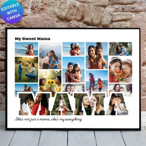 Mama Photo Collage Canva Frame Template, Mother&#39;s Day Digital Gift, Editable Printable Wall Art, Custom Picture Collage for Mama