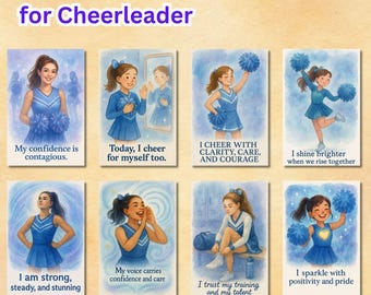 May include: A set of 30 affirmation cards for cheerleaders. Each card features a watercolour illustration of a cheerleader in a blue uniform with positive affirmations such as "My confidence is contagious" and "I sparkle with positivity and pride."