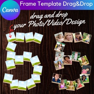 May include: A digital template for a photo collage with a woodgrain background. The template is designed to hold 20 photos in a variety of sizes and shapes. The text "drag and drop your Photo/Video/Design" is written in white on a blue background.