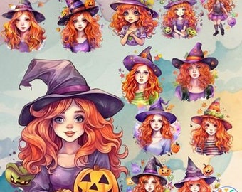 Watercolor Witch Clipart Bundle, Halloween PNG (Digital Download)