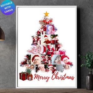 May include: A Christmas tree photo collage featuring multiple images of babies and toddlers dressed in Santa suits and other festive attire. The collage is set against a white background and includes the text "Merry Christmas".