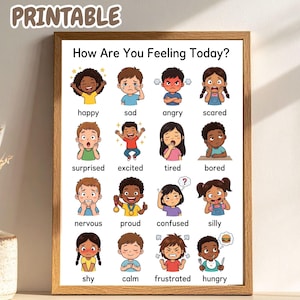 May include: A framed educational poster titled How Are You Feeling Today? featuring sixteen cartoon illustrations of children displaying various emotions including happy, sad, angry, scared, surprised, excited, tired, bored, nervous, proud, confused, silly, shy, calm, frustrated, and hungry.