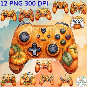Op de afbeelding: Een set van 12 digitale ontwerpen met een videogamecontroller met een herfstthema. De controller is versierd met pompoenen, bladeren en een houtnerfpatroon. De tekst "12 PNG 300 DPI" staat bovenaan de afbeelding.