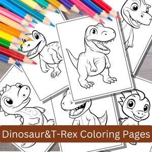 Cute Dinosaur and T-Rex Coloring Pages For Kids,Set of 24,Toddlers & Pre-School Coloring Pages Printable,Preschool Kindergarten Homeschool