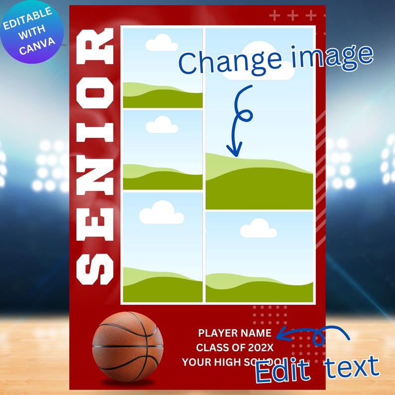 May include: A red and white basketball senior sign with a basketball, a collage of four images of a green field and blue sky, and the text "SENIOR", "Change image", "PLAYER NAME", "CLASS OF 202X", "YOUR HIGH SCHOOL", and "Edit text".