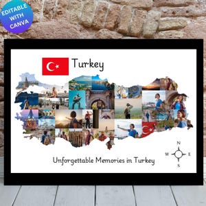 May include: A framed collage featuring a map of Turkey filled with travel photos. The Turkish flag is displayed, along with the word "Turkey" and the phrase "Unforgettable Memories in Turkey". A compass rose is in the lower right corner.