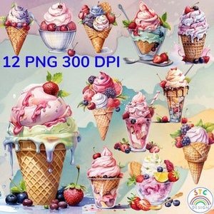 12 Eis Aquarell Clipart Bundle, Eis Geburtstag PNG, Eistüte, Sommer Party, Digital Download, Kommerzielle Nutzung, PNG