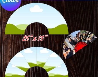 May include: A Canva frame template with a blue sky and green hills design. The template is available in two sizes: 25" x 13" and 26" x 13". A red fan with a graduation photo is also included.