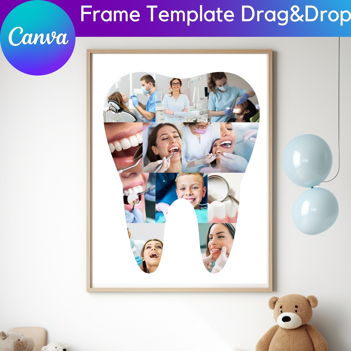 Tooth Collage Canva Frame Template: Dentist Photo Grid (digital ...