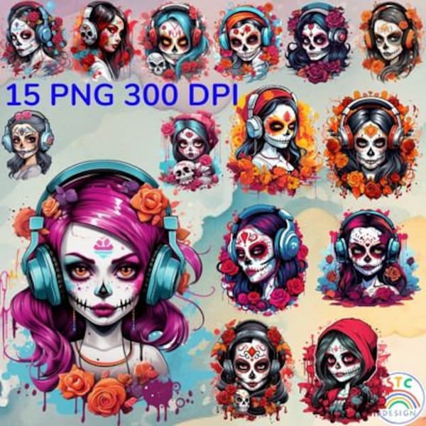 Watercolor Sugar Skull Girl with Headphones Clipart Bundle (PNG)