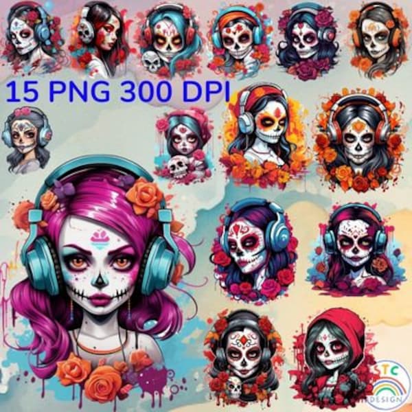 15 Sugar Skull Girl Headphones Clipart bundle, Aquarelle Skull PNG, Cute Sugar Skull, Dame mexicaine png, Mexicain Halloween png, Utilisation commerciale