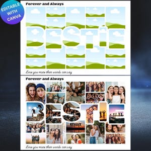 May include: A collage of photos arranged in the shape of the word "BESTIE" with a blue sky and green hills background. The text "Forever and Always" and "Love you more than words can say" is included in the image.