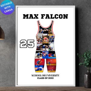 Puede incluir: Un maillot de lucha libre con un collage de fotos de lucha libre. El maillot es rojo, blanco y azul. El texto "MAX FALCON" está en la parte superior de la imagen. El número "25" está en el lado izquierdo de la imagen. El texto "SCHOOL OR UNIVERSITY CLASS OF 20XX" está en la parte inferior de la imagen.