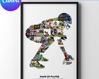 May include: A black and white silhouette of a football player is filled with photos of football players. The text below reads "NAME OF PLAYER", "SCHOOL OR UNIVERSITY", and "CLASS OF 20XX".