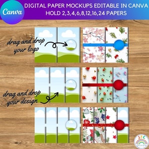May include: Digital paper mockups for Canva, featuring three different sets of paper designs. The first set has a green and blue landscape, the second set has a floral design, and the third set has a Christmas theme. The text "drag and drop your logo" and "drag and drop your design" is included in the image.