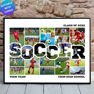 May include: A white and black collage with the word "SOCCER" in large black letters. The collage is made up of photos of young people playing soccer. The text "CLASS OF 20XX" is at the top of the collage. The text "YOUR TEAM" is at the bottom left of the collage. The text "YOUR HIGH SCHOOL" is at the bottom right of the collage.