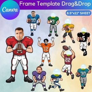 May include: A Canva frame template with football player illustrations. The sheet is 8.5" x 11" and features players in various uniforms, including numbers 3, 5, 7, 10, 12, 18, 22, and 30. The template is designed for drag and drop functionality.