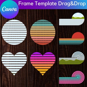 May include: Set of nine retro-style frames with striped patterns in various colors, including blue, green, pink, orange, and yellow. The frames are in the shapes of circles, hearts, and rectangles, and are set against a woodgrain background.