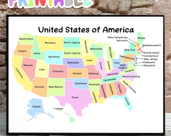 Póster de mapa de EE. UU. en colores pastel: Arte geográfico educativo para niños (descarga digital)