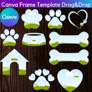 Puede incluir: Un conjunto de 10 marcos imprimibles con temática de perros con un fondo de cielo azul y hierba verde. Los marcos incluyen huellas de patas, un hueso, una caseta para perros, un corazón y un cuenco para perros.
