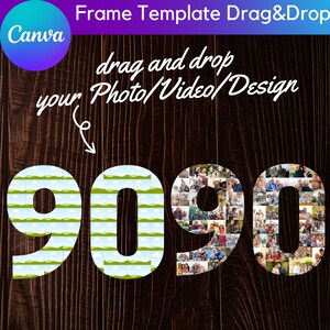 May include: A digital template for creating a photo collage in the shape of the number 9090. The numbers are made up of a repeating pattern of green hills and blue clouds. The text "drag and drop your Photo/Video/Design" is written above the numbers.
