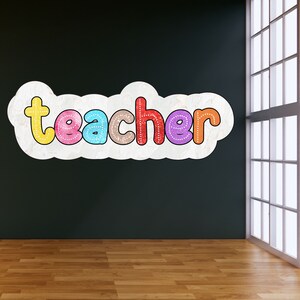 May include: The word "teacher" is written in colourful letters on a white cloud-shaped sticker against a black chalkboard background. The letters are outlined in white and have a dotted pattern.