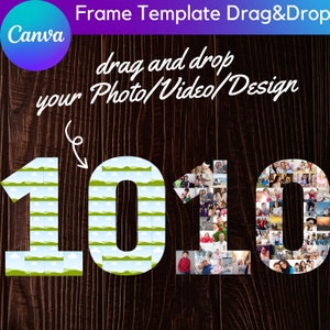 May include: A digital template for a photo collage in the shape of the number 1010. The numbers are made up of a repeating pattern of green hills and blue clouds. The template is designed to be used with Canva.