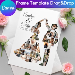 Può includere: Un collage fotografico di matrimonio bianco con le sagome di una sposa e uno sposo, riempito con varie foto di matrimonio. I nomi "Andrew & Cathy" e la data "12.10.2024" sono stampati in nero. Il logo Canva è in alto a sinistra. Rose rosa sullo sfondo.