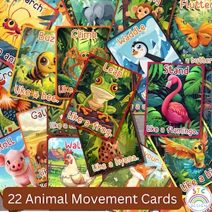 Schede Flash sul movimento degli animali, Set di 22, Schede per bambini e prescolastici, Schede educative stampabili, Schede PDF stampabili, Schede Flash per bambini