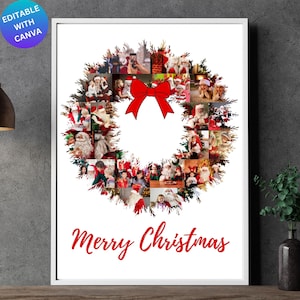 Kerstkrans fotocollage canvas framesjabloon, digitaal vakantiebestand, bewerkbare canva, slepen en neerzetten, afdrukbaar, instant download