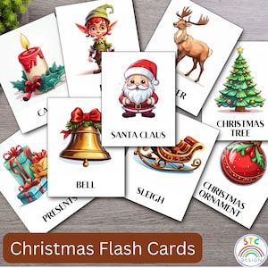 Tarjetas didácticas de vocabulario navideño, juego de 12, tarjetas para niños pequeños y en edad preescolar, tarjetas educativas imprimibles, tarjetas didácticas para niños, tarjetas didácticas de emparejamiento
